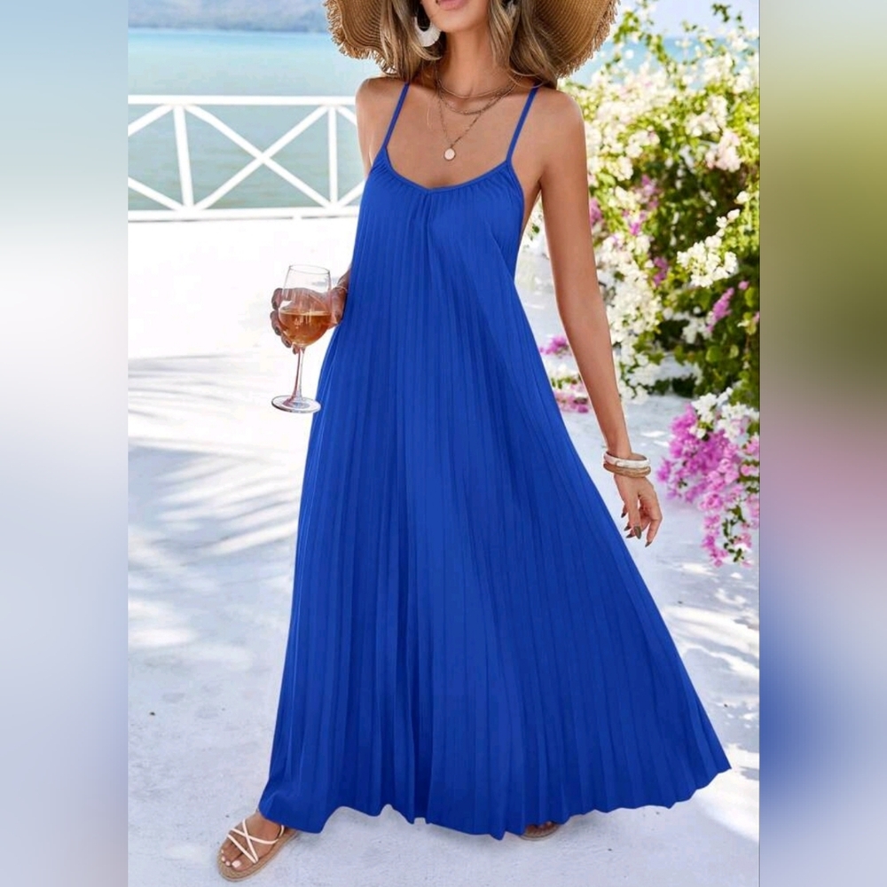 * New Flowy Pleated Maxi Halter Cami Dress Royal Blue - Picture 2 of 9